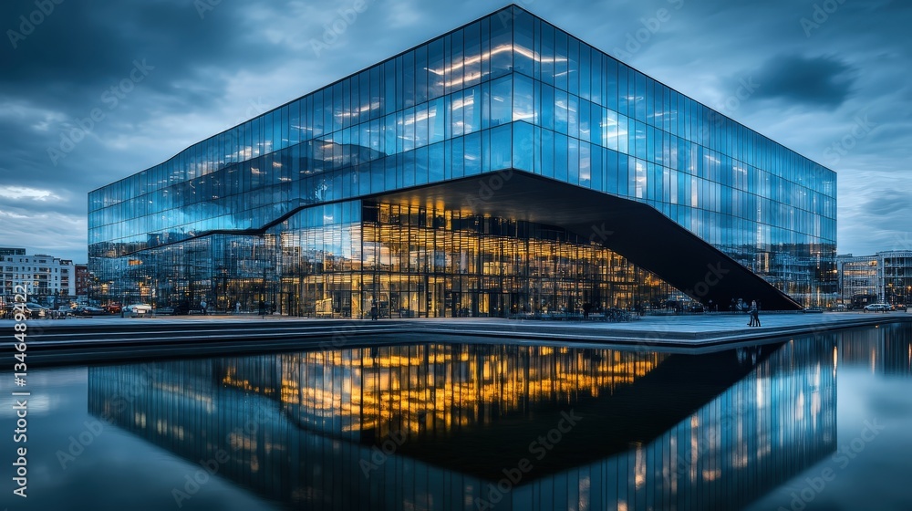 Poster an office building with an innovative glass reflecting the city around it, creating a perfect harmon