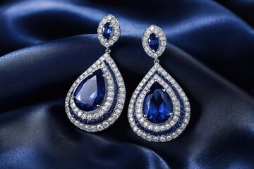 Obraz premium Elegant sapphire earrings on blue silk