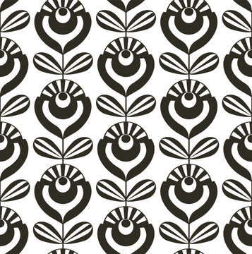 Fototapeta black and white retro flowers seamless pattern, vector illustration repeat design