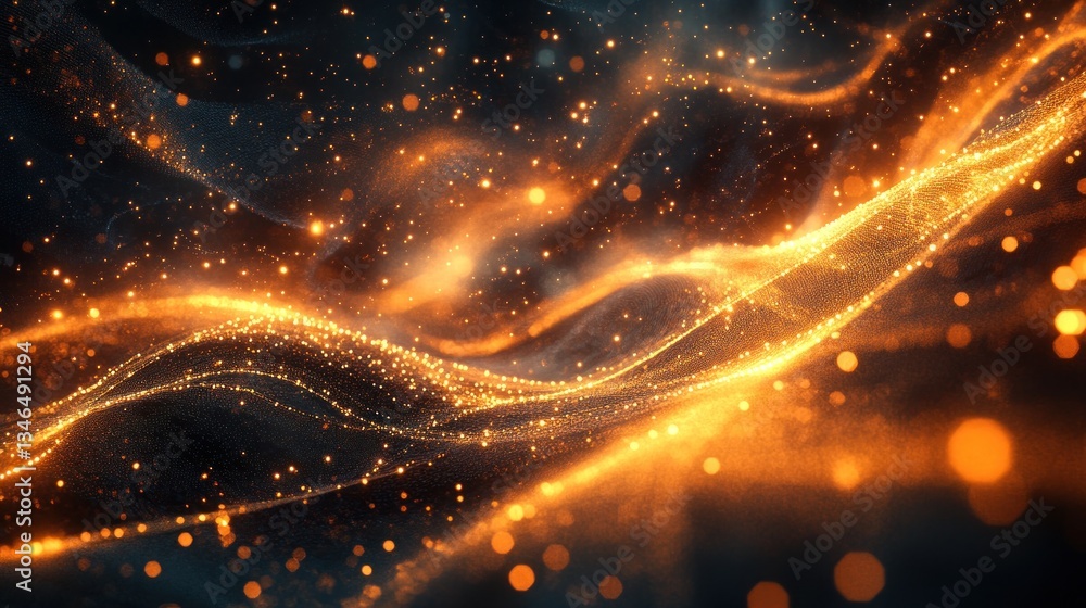 Poster abstract dynamic flowing golden particles on a dark background.