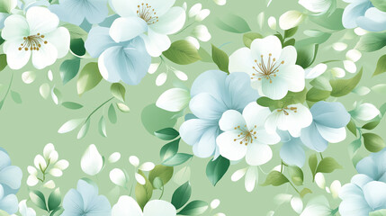 Soft floral pattern with light blue and white flowers on a green background copy space