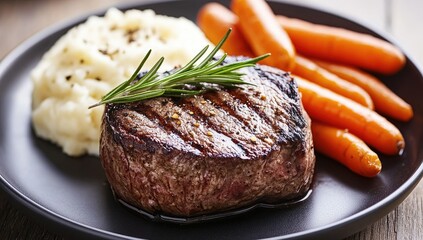 Grilled filet mignon, mashed potatoes, carrots, wood background, restaurant meal
