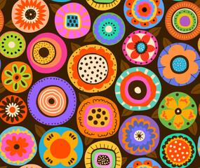 abstract doodle hand drawn colorful rainbow blooms and leaves floral seamless pattern, vector illustration repeat design print