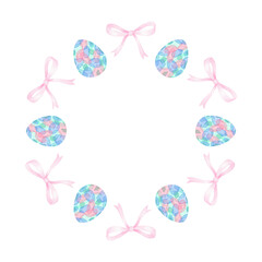 Easter eggs, bows. Watercolor round frame in pastel colors for textiles and wrapping paper. Cute spring illustration