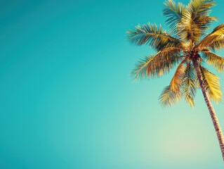 vibrant palm tree reaches towards clear blue sky, evoking sense of tranquility and warmth