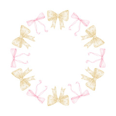 cute festive bows. Watercolor round frame on white background for textile, wrapping paper. Cute children's illustration in pastel colors
