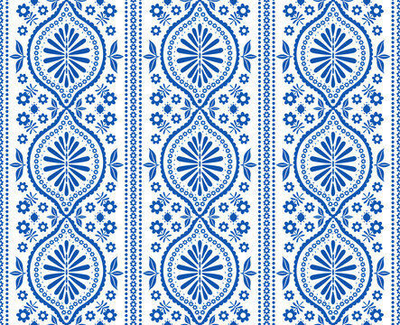 blue and white mediterranean abstract floral stripes seamless pattern, vector illustration repeat design