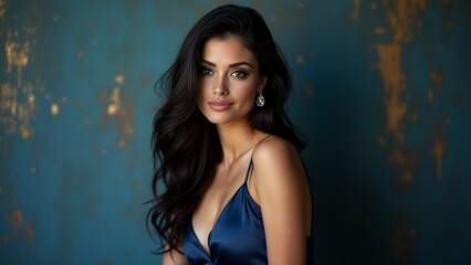 Fototapeta premium Elegant Brunette Woman in Blue Dress