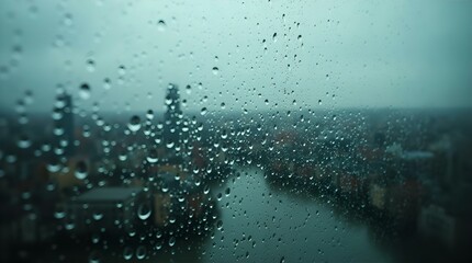 Obraz premium Overcast Rainy City View with Raindrops | Moody Urban Scene by River