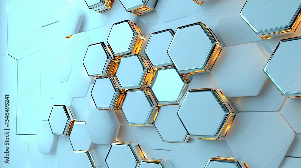 Poster abstract 3d white hexagon clusters, subtle gradients and light reflections adding depth, giving a sm