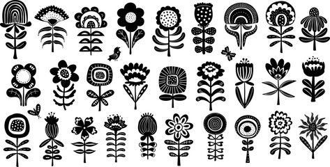 black and white hand drawn scandi nordic block print farmhouse country rustic folk art style flowers garden collection, vector illustration set © VecTerrain