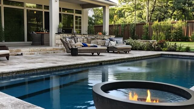 Luxurious backyard with pool, fire pit, and patio furniture.