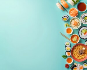 A top-down food illustration of ramen and sushi placed in geometric order.