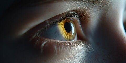 Close Up of a Child s Eye with Golden Light Reflecting in the Pupil, Immersion and Curiosity
