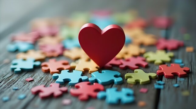 Red Heart Colorful Jigsaw Puzzle Pieces Love Connection Wooden Table