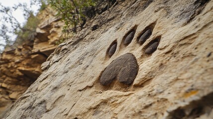 Catlike paw prints left by a mountain lion on a rocky trail near a steep cliff