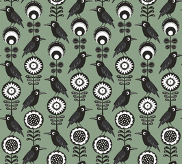 cute raven birds and flowers in scandi folksy block print style seamless pattern, black and white on sage green vector illustration scandinavian folk art repeat design