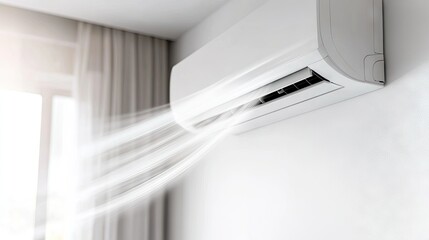Close-up of a white air conditioning unit with a stream of fresh, cold air flowing into a room, providing a cool atmosphere.