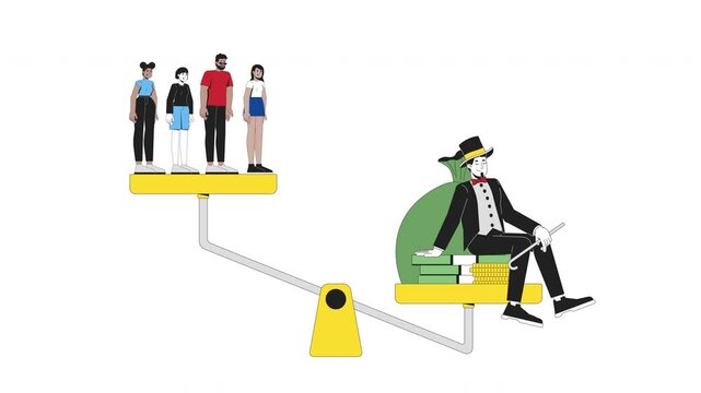 Oligarchy and wealth inequality 2D animation. Plutocracy capitalism. Rich elite figure outweighing middle class people animated characters cartoon flat concept metaphor 4K video isolated on white