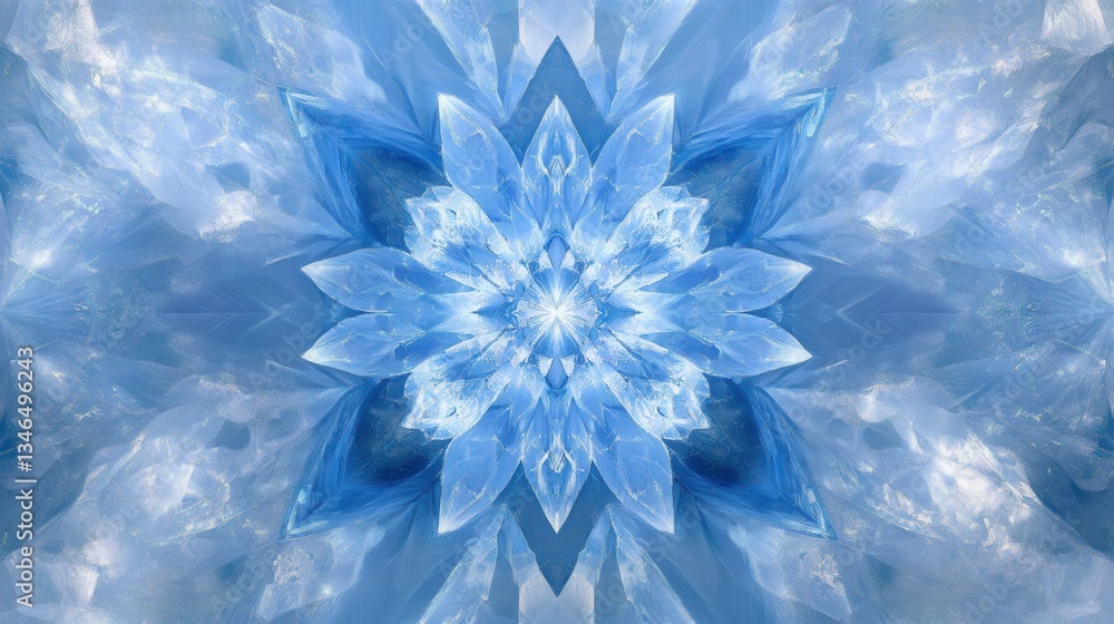 Poster a light blue crystal flower radiates outward in symmetrical, fractal patterns. use this unique image