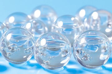 Clear Sphere Bubbles on Light Blue Background.