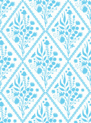 floral botanical baby blue  bouquet in diamonds seamless pattern, farmhouse country style repeat design