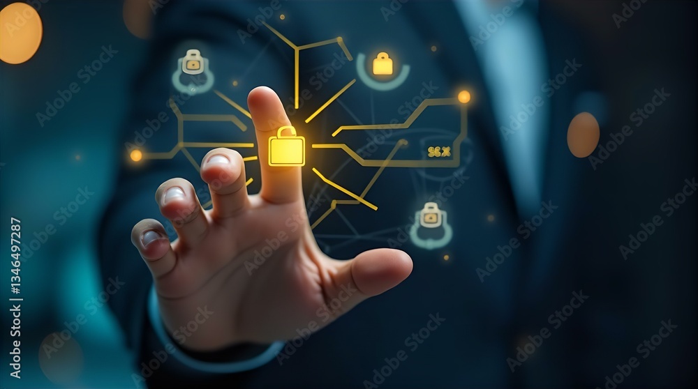 Poster digital cybersecurity business security hand touching glowing padlock icon network interface technol