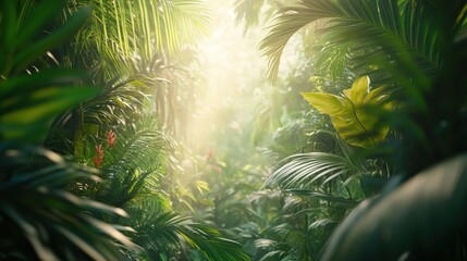 Lush Tropical Jungle with Sunlight Filtering Through Green Leaves