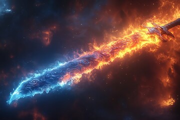 Fototapeta premium Fiery & Icy Fantasy Sword Blazing Celestial Duel, Digital Art