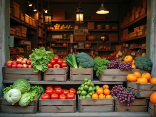 Tienda de comestibles de barrio con cajas de madera rústicas llenas de verduras frescas y frutas maduras de temporada © Leonardo
