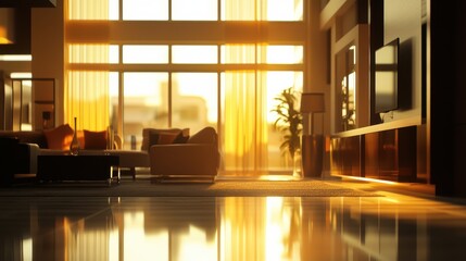 Cozy Living Room with Warm Sunset Light and Modern Decor Elements