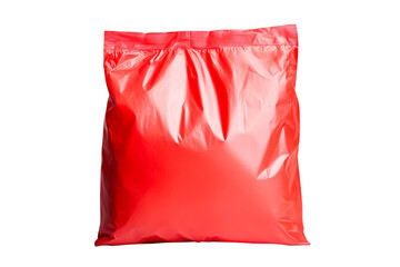 Bright red plastic bag resting on a transparent background