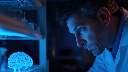 World Parkinson's Disease Day. Scientist examining brain tissue samples in laboratory with blue Parkinson's awareness lighting