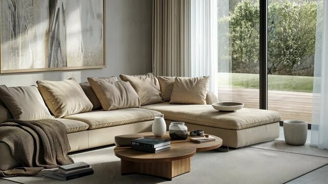 A cozy living room with soft beige cushions on a modern sofa, accented by a neutral throw blanket..