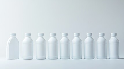 Empty white plastic bottles lined up in rows, all awaiting their first fill, with a simple white background.