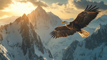 Majestic Eagle Soaring Over Snow-Capped Mountains at Sunrise