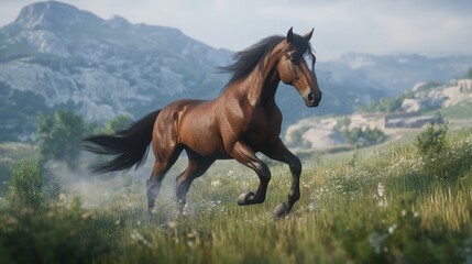 Majestic Brown Horse Running Through Lush Green Landscape