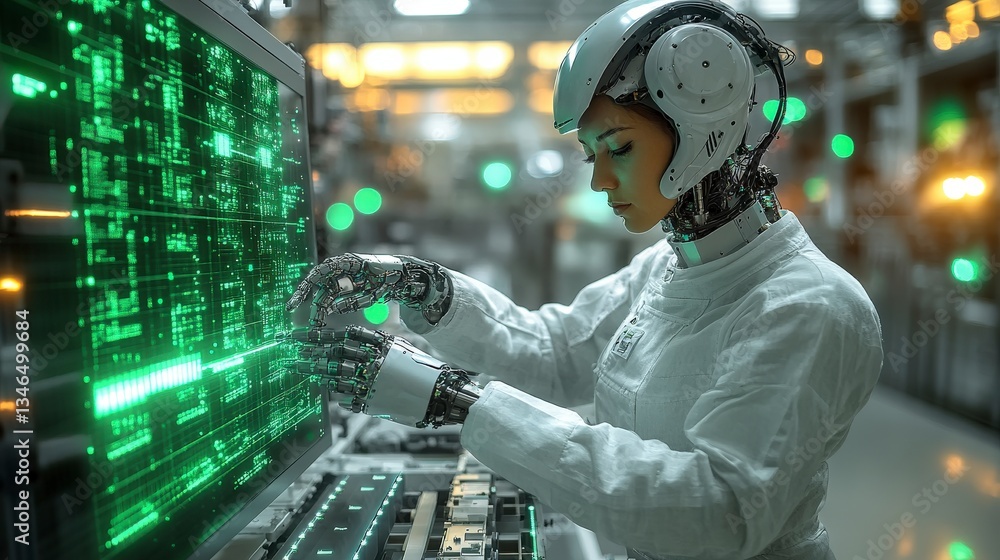 Poster human-like robot in lab coat analyzing digital data