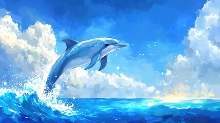 Vibrant Dolphin Leaping from Water under Bright Blue Sky