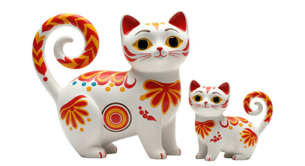 Isolated Pair of Decorative Cats with Floral Patterns