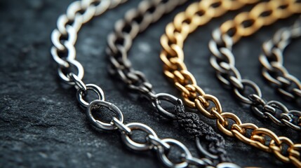 Obraz premium Beautiful chain bracelets on black charcoal, closeup