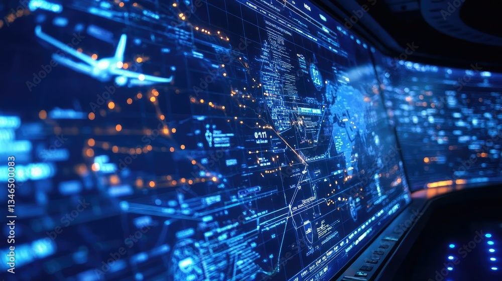 Fototapete High-tech flight simulation screen showing different routes and real-time transportation data for passengers traveling worldwide.