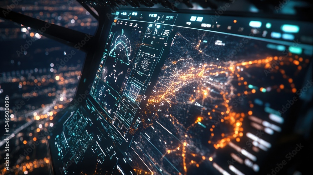 Fototapete High-tech flight simulation screen showing different routes and real-time transportation data for passengers traveling worldwide.