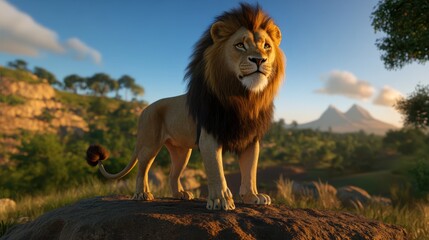 Majestic Lion Standing Proudly on Rock in Beautiful Natural Landscape