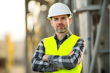 A man wearing a yellow vest and a hard hat is standing with his arms crossed. He is a construction worker or a worker in a hazardous environment