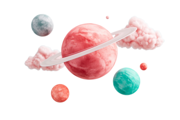 Colorful planets with rings and clouds in outer space