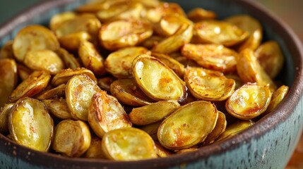 Roasted broad beans snack falling in bowl icon, fried vicia faba, spicy legume, crispy big beans chips for salads or meals top view, vector illustration