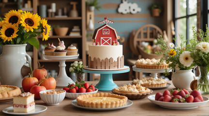 Fototapeta premium Country Fair Dessert Table – Barnyard Cake and Rustic Pie Display for Sydney Royal Easter Show Celebrations 