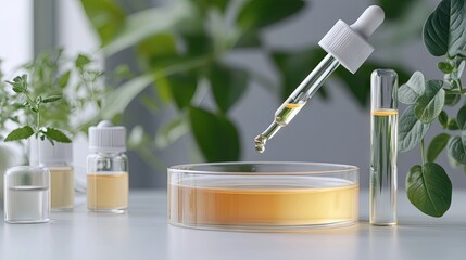 Natural skincare products in a petri dish, with a dropper dispensing serum, enhanced by green plants in the background.