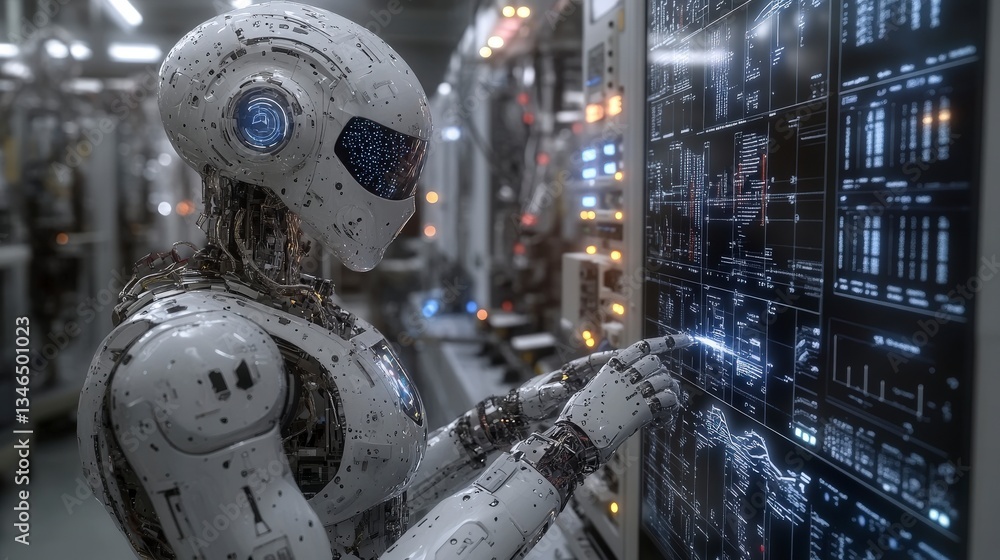 Poster robot analyzing data on futuristic control panel